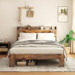 Full Size Wood Platform Bed Frame with LED Headboard and USB, Dark Brown - 图片 7