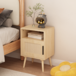 22.83'' H Rattan Nightstand, Side Table with Door Open Shelf,  Accent Bedside End Table with Solid Wood Legs for Bedroom, Dorm and Small Spaces, Oak - 图片 3