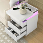 (Set of 2) White Nightstand Set of 2 with Charging Station & LED Lights, Fluted Wave Panel Bedside Table with Sliding Top Hidden Storage, Night Stand for Bedroom Living Room - 图片 7