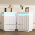 (Set of 2) White Nightstand Set of 2 with Charging Station & LED Lights, Fluted Wave Panel Bedside Table with Sliding Top Hidden Storage, Night Stand for Bedroom Living Room - 图片 6
