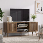55-Inch Wooden TV Cabinet with Vertical Groove Doors, Adjustable Shelves, Entertainment Center with Storage, Walnut