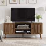 55-Inch Wooden TV Cabinet with Vertical Groove Doors, Adjustable Shelves, Entertainment Center with Storage, Walnut - 图片 5